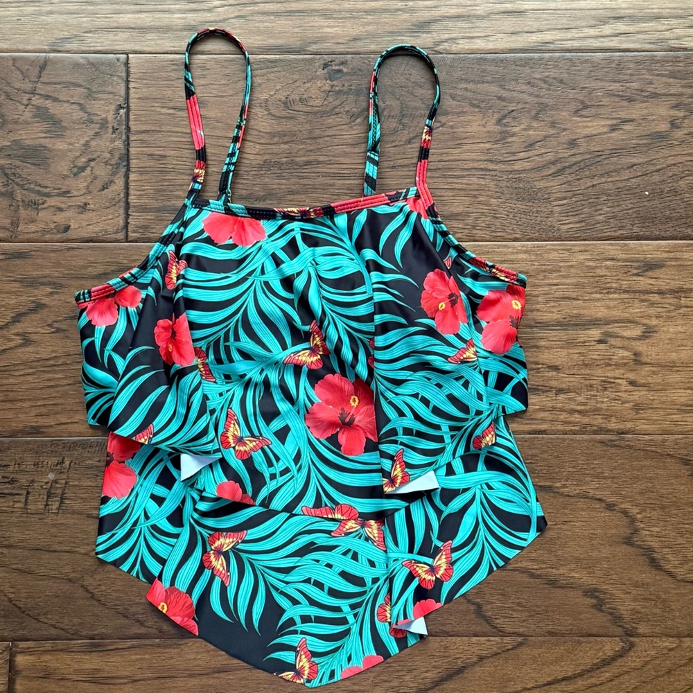 SHENHE Girl's Size 13-14Y Green / Black Foral Ruffle Swimsuit Top Only